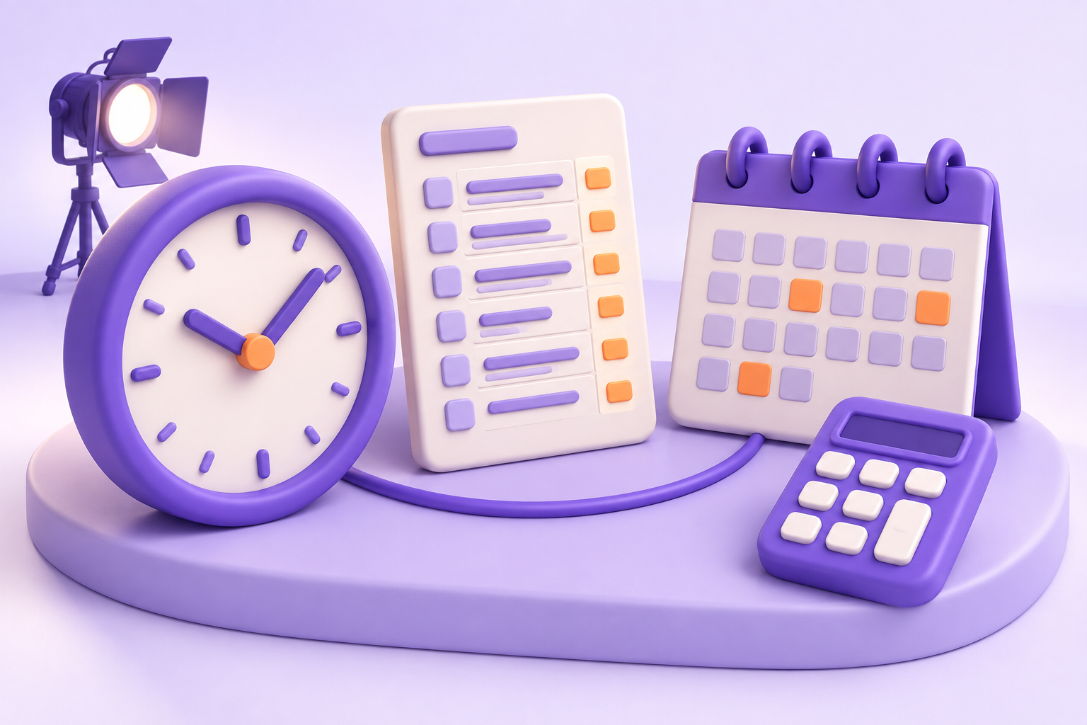 Illustration 3D d’outils de suivi des heures et des documents, en violet et orange