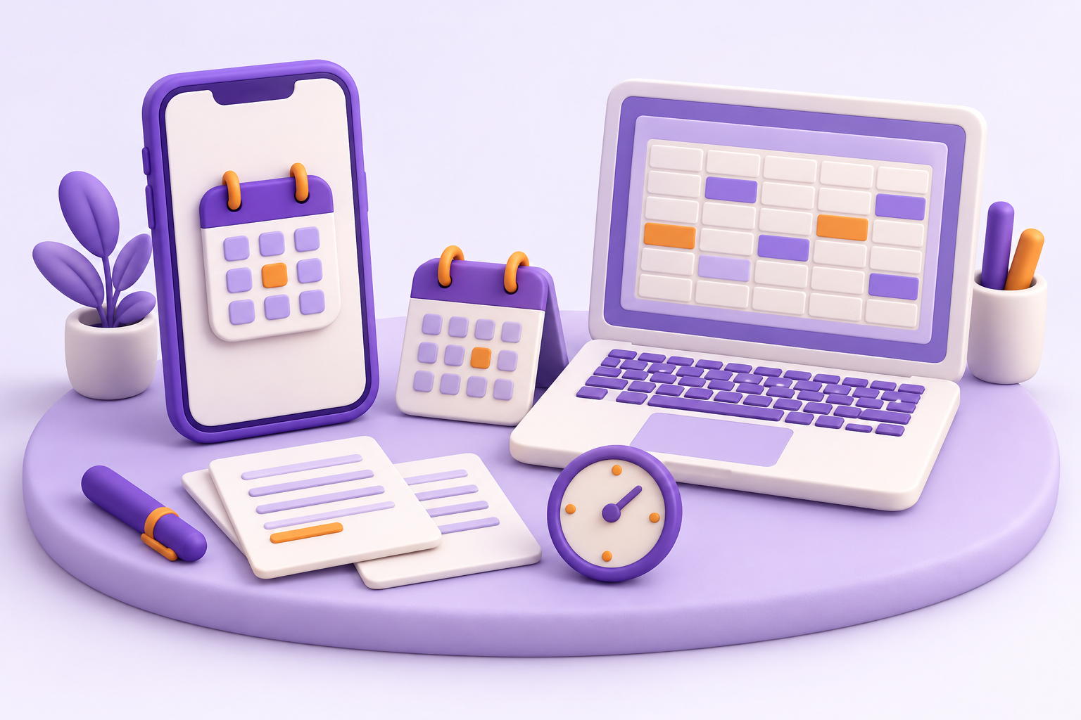 Téléphone, outils de suivi et documents en volume violet et orange