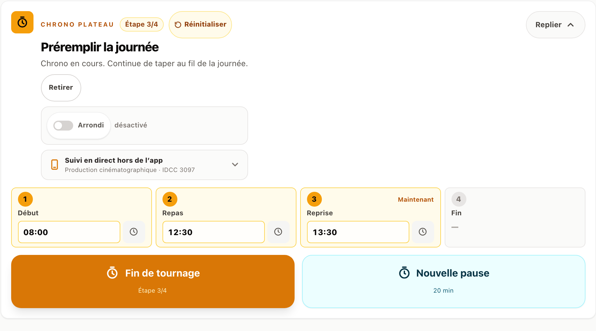 Chrono plateau Intermittor en cours avec les étapes début, repas, reprise et fin