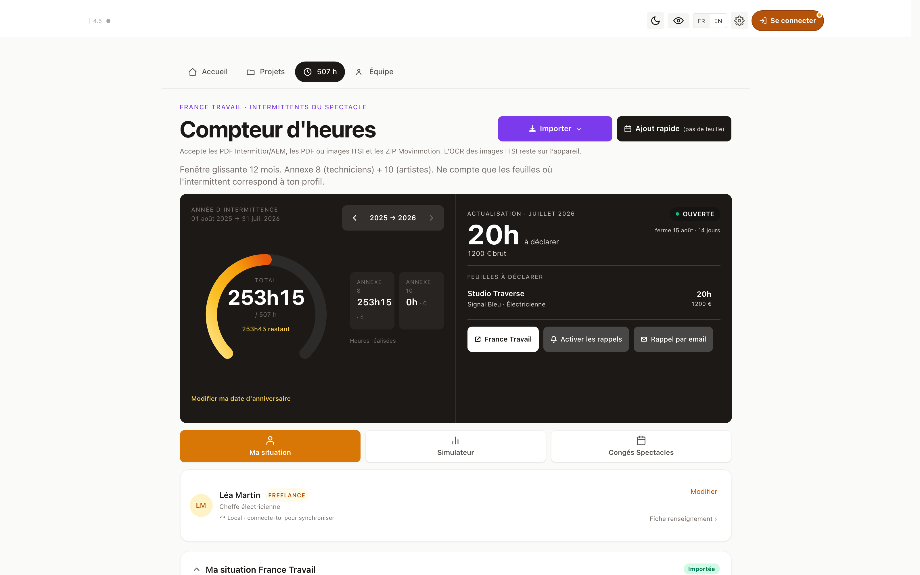 Compteur 507h Intermittor rempli à 253 heures avec la période d'actualisation en cours