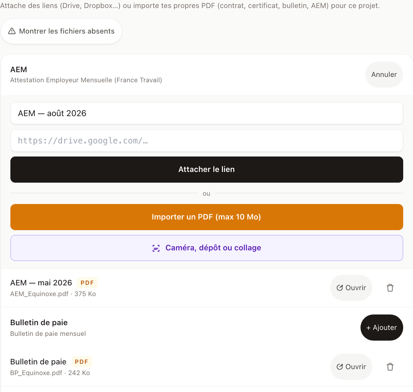 Import PDF et stockage des AEM, bulletins et contrats dans Intermittor