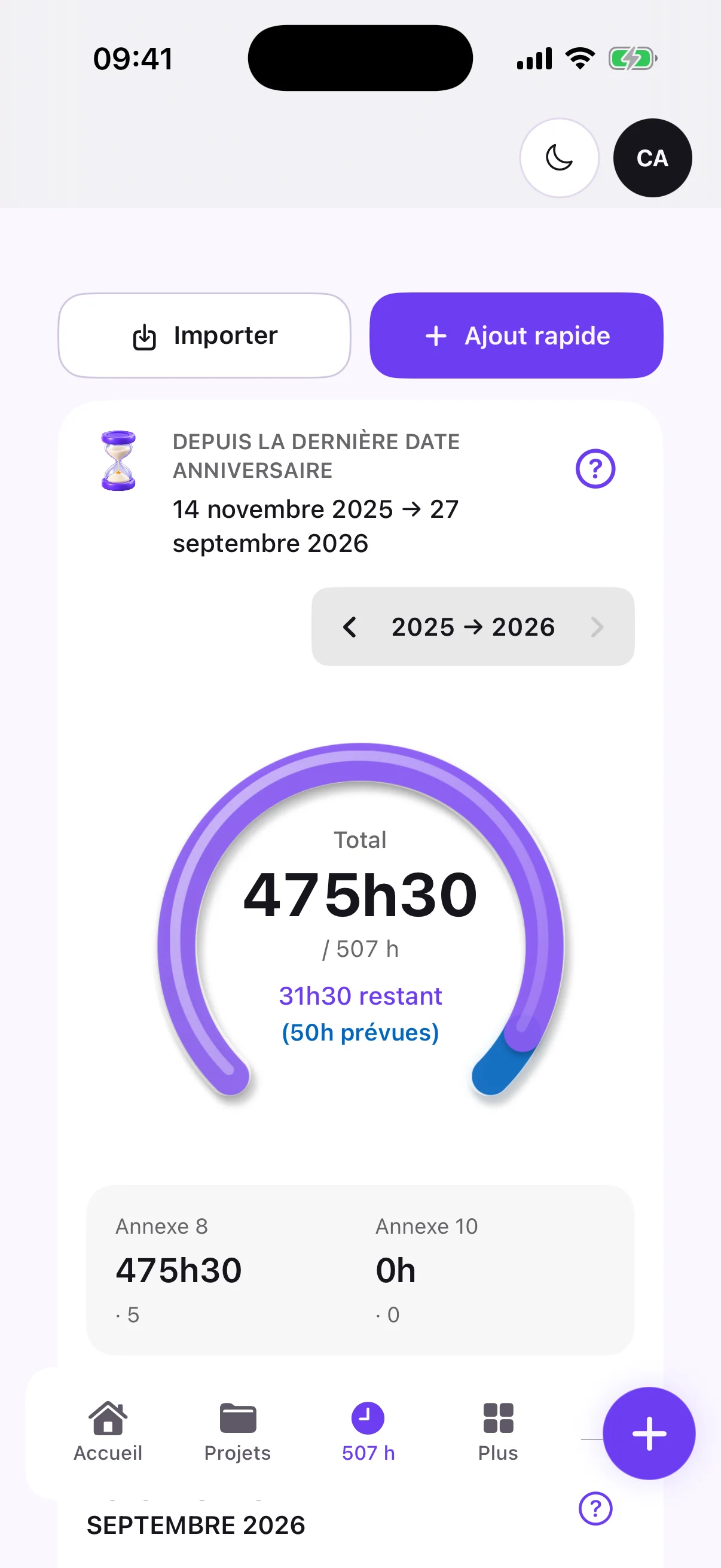 Compteur 507 h sur iPhone : 475 h 30 sur 507, 31 h 30 restantes et 50 h prévues