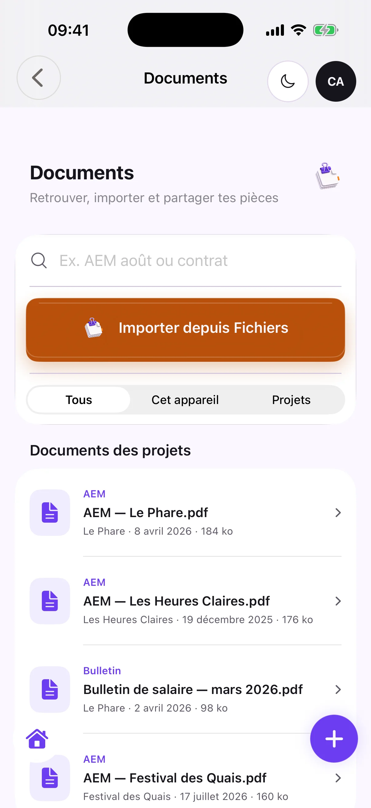 Documents sur iPhone : AEM et bulletins de salaire rangés par projet, import depuis Fichiers
