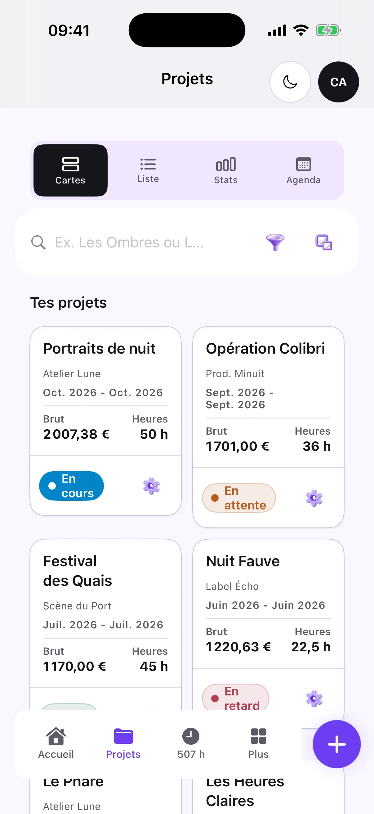 Projets sur iPhone : une carte par production avec le brut, les heures et le statut de paiement
