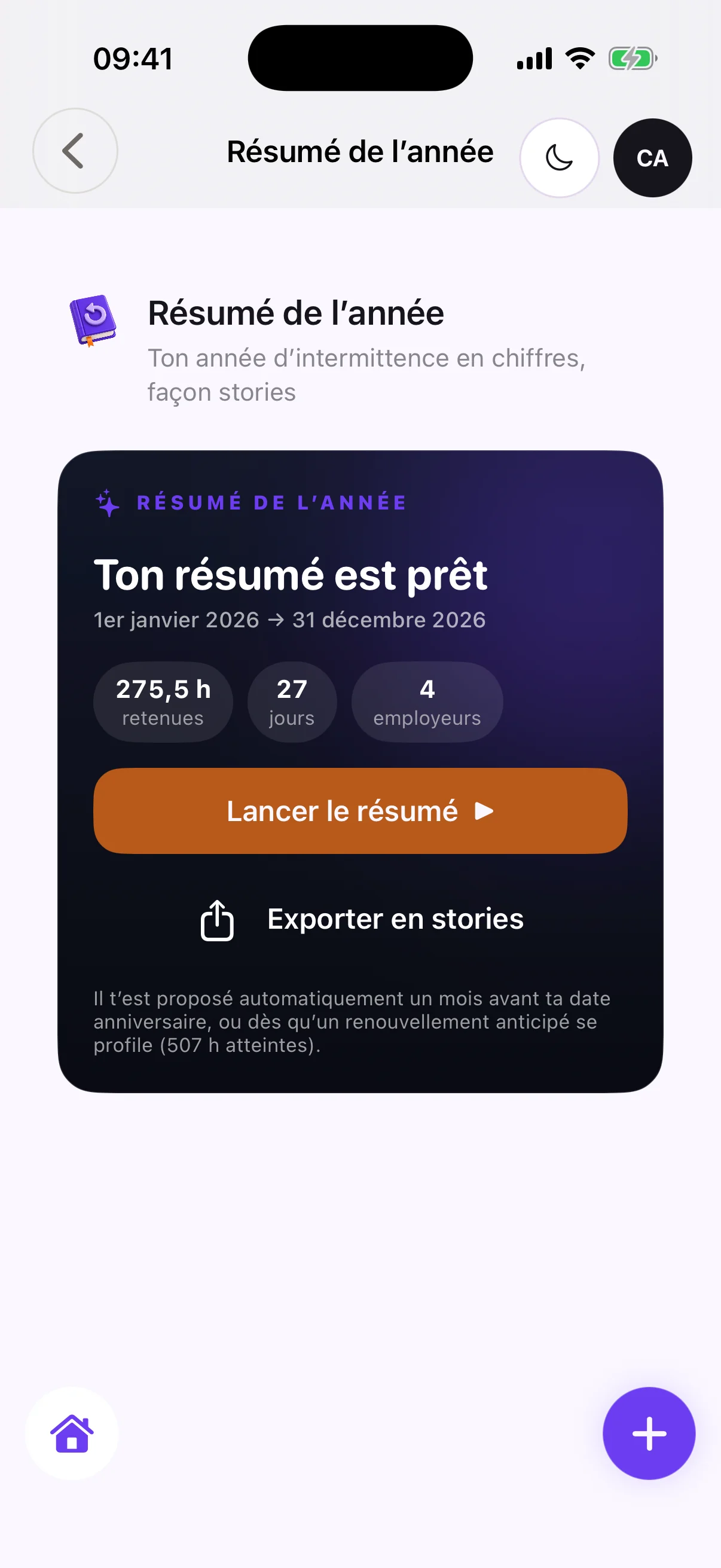 Résumé de l’année sur iPhone : 275,5 h retenues, 27 jours et 4 employeurs, à exporter en stories