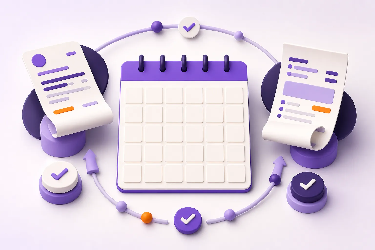 Un calendrier mensuel violet entouré de fiches de paie et de cases cochées.