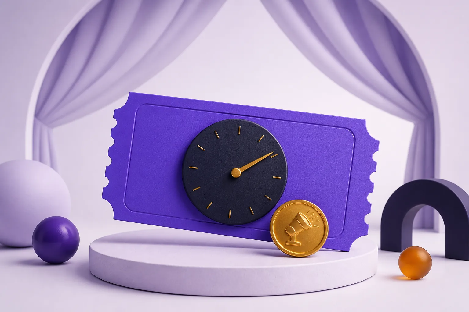 Un billet de spectacle, une horloge et un jeton symbolisent la conversion d’un cachet en heures.