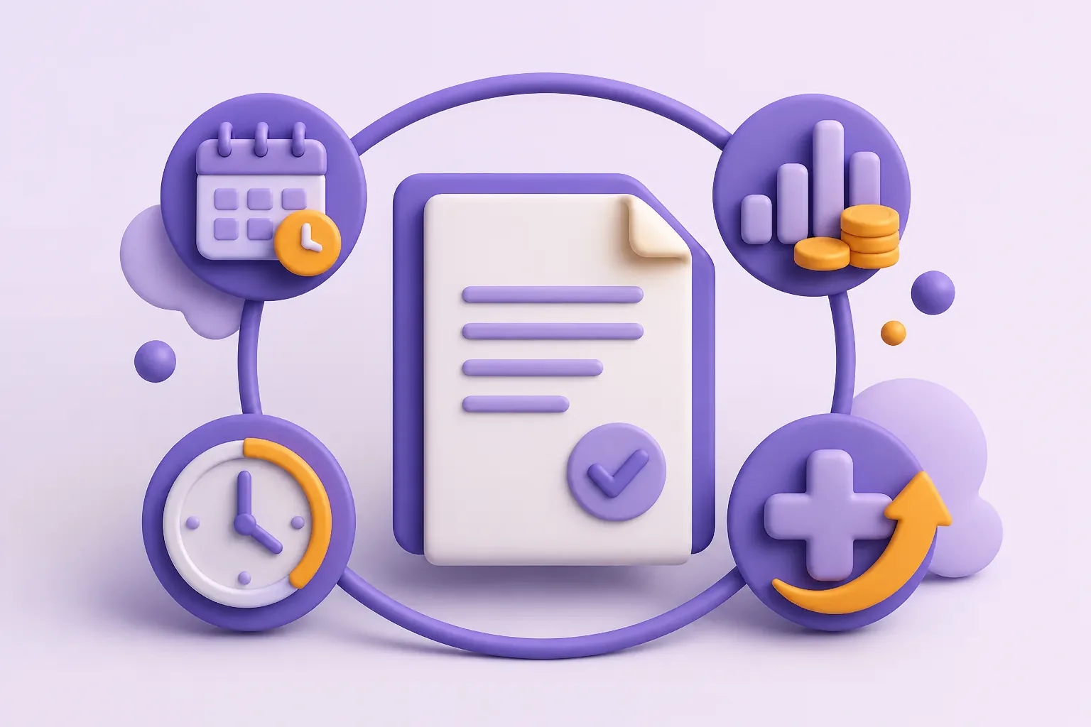 Un contrat violet est entouré d’une grille salariale, d’une horloge et de jetons de majoration.