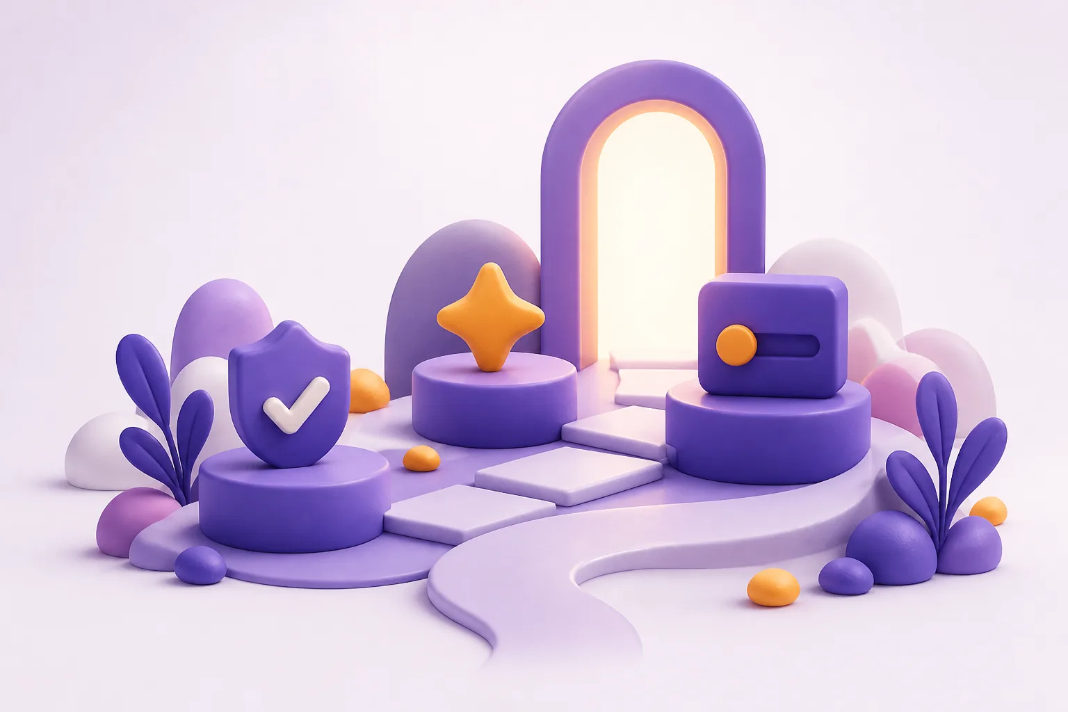 Trois étapes violettes alignées ouvrent une porte éclairée vers une scène de spectacle.