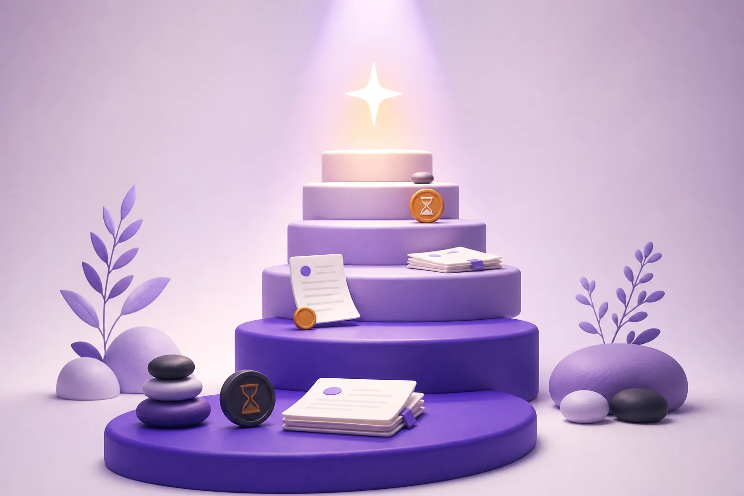 Un escalier de jalons monte vers une lumière de scène violette.