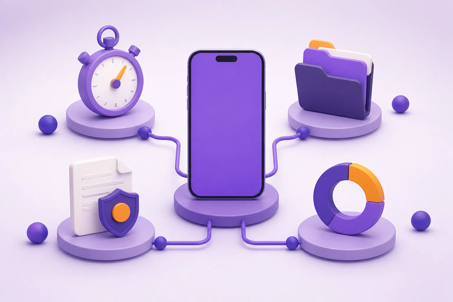 Un téléphone abstrait est entouré de modules de chrono, projet, document et compteur.