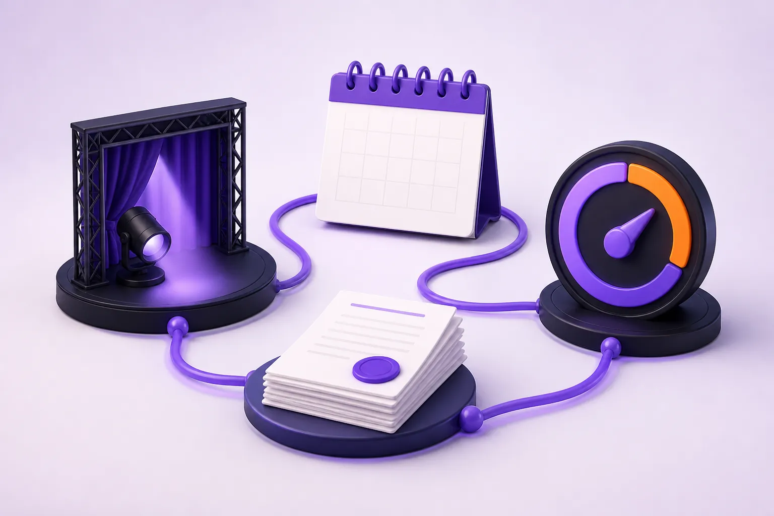 Une scène, un calendrier et un compteur circulaire sont reliés par un réseau violet.