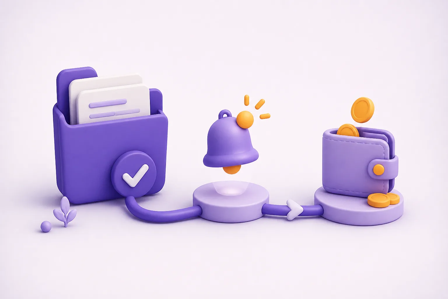 Un dossier violet traverse plusieurs contrôles avant une notification et un paiement.