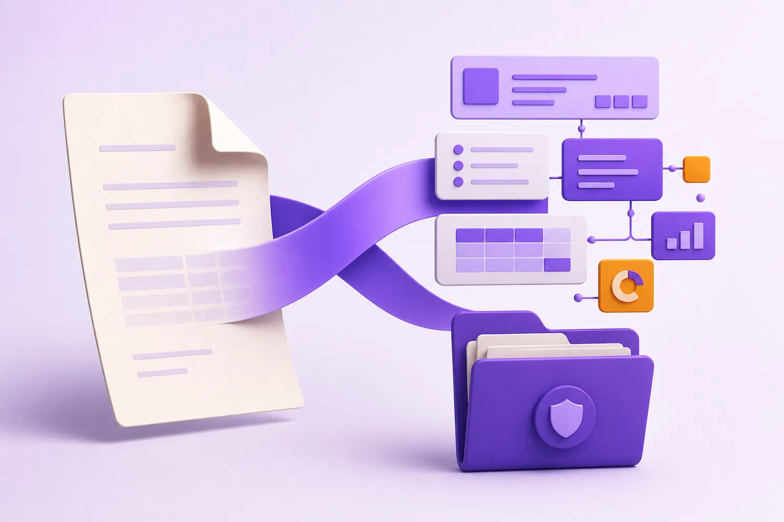 Un document papier se transforme en un flux numérique structuré de blocs violets.