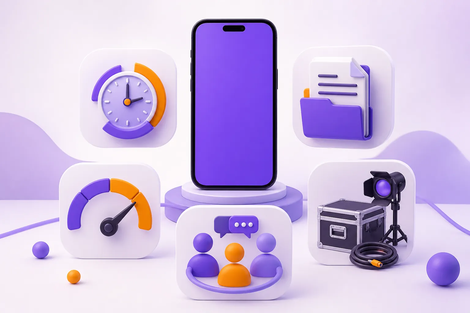 Cinq cartes d’outils gravitent autour d’un téléphone central violet.